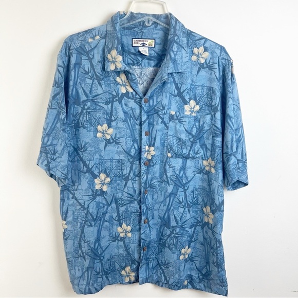 Caribbean Joe Other - Caribbean Joe Men’s Silk Hawaiian Shirt Large Tropical Blue Short Sleeve Bamboo
